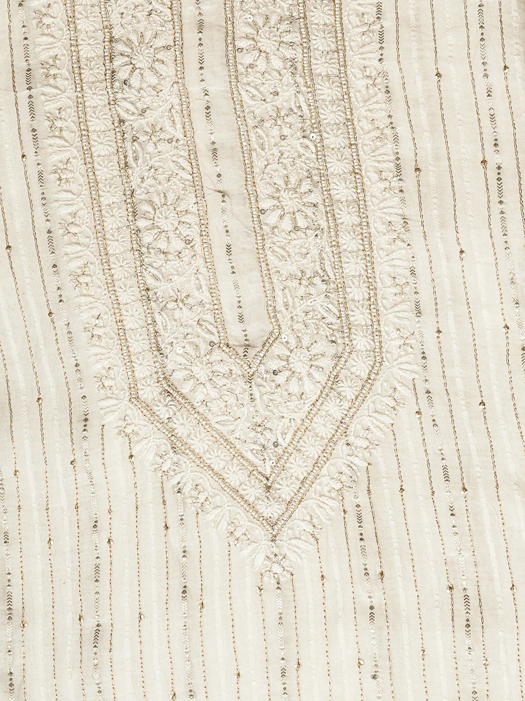 Ada Hand Embroidered White Chanderi Lucknowi Chikankari Unstitched Men's Kurta With Zari Taar Work 01A937085