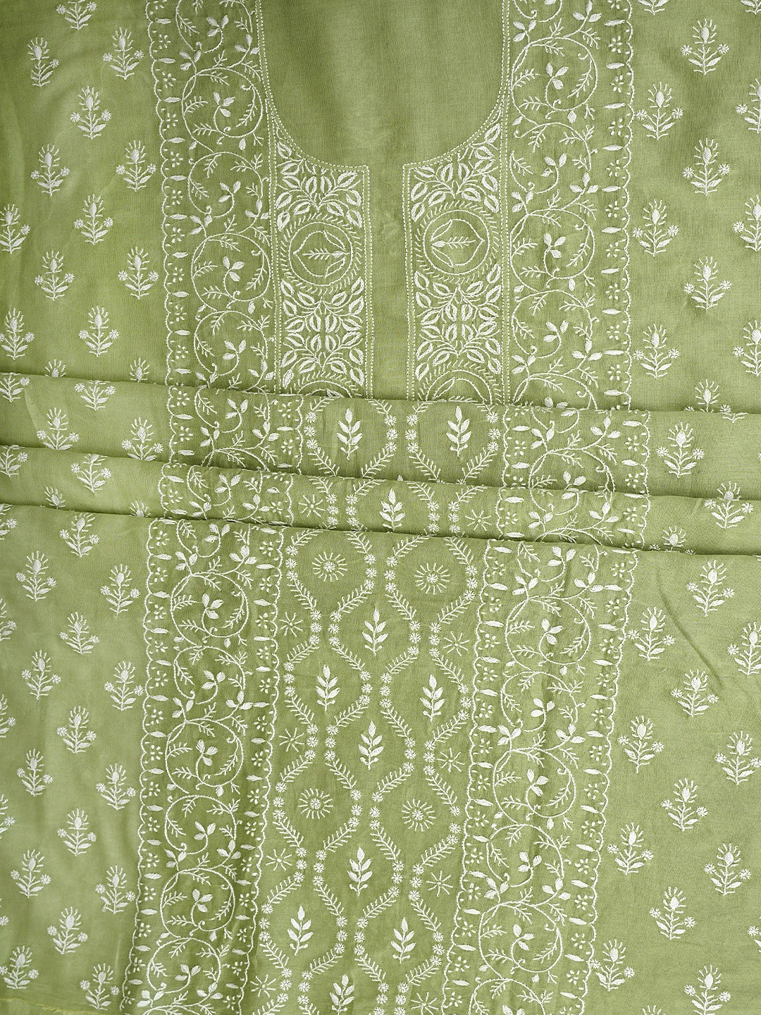 Ada Hand Embroidered Pista Green Chanderi Lucknowi Chikankari Unstitched Kurta Dupatta Set 01A932546