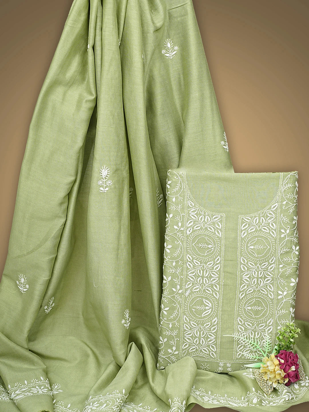 Ada Hand Embroidered Pista Green Chanderi Lucknowi Chikankari Unstitched Kurta Dupatta Set 01A932546
