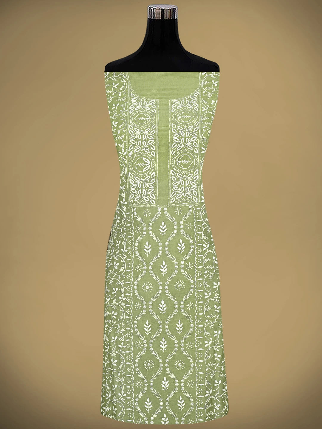 Ada Hand Embroidered Pista Green Chanderi Lucknowi Chikankari Unstitched Kurta Dupatta Set 01A932546