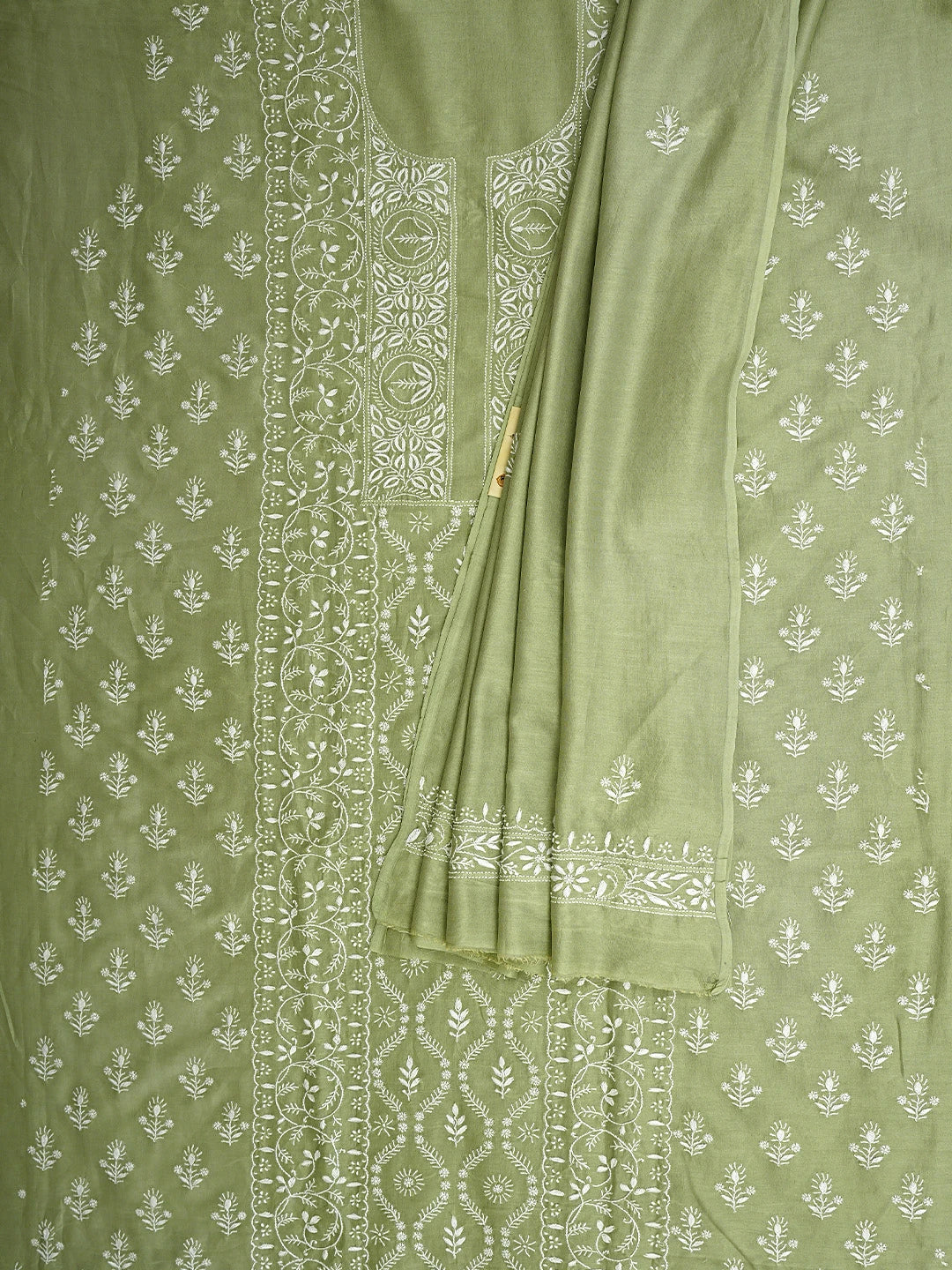 Ada Hand Embroidered Pista Green Chanderi Lucknowi Chikankari Unstitched Kurta Dupatta Set 01A932546