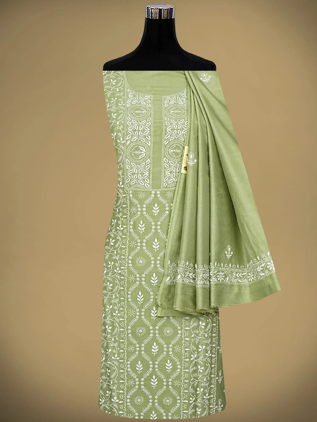 Ada Hand Embroidered Pista Green Chanderi Lucknowi Chikankari Unstitched Kurta Dupatta Set 01A932546