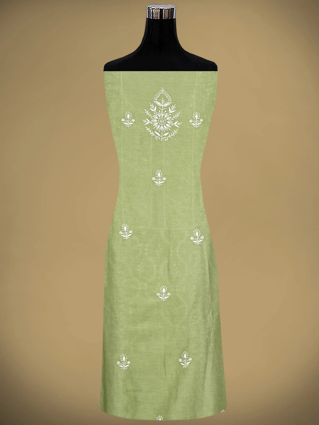 Ada Hand Embroidered Pista Green Chanderi Lucknowi Chikankari Unstitched Kurta Dupatta Set 01A932546