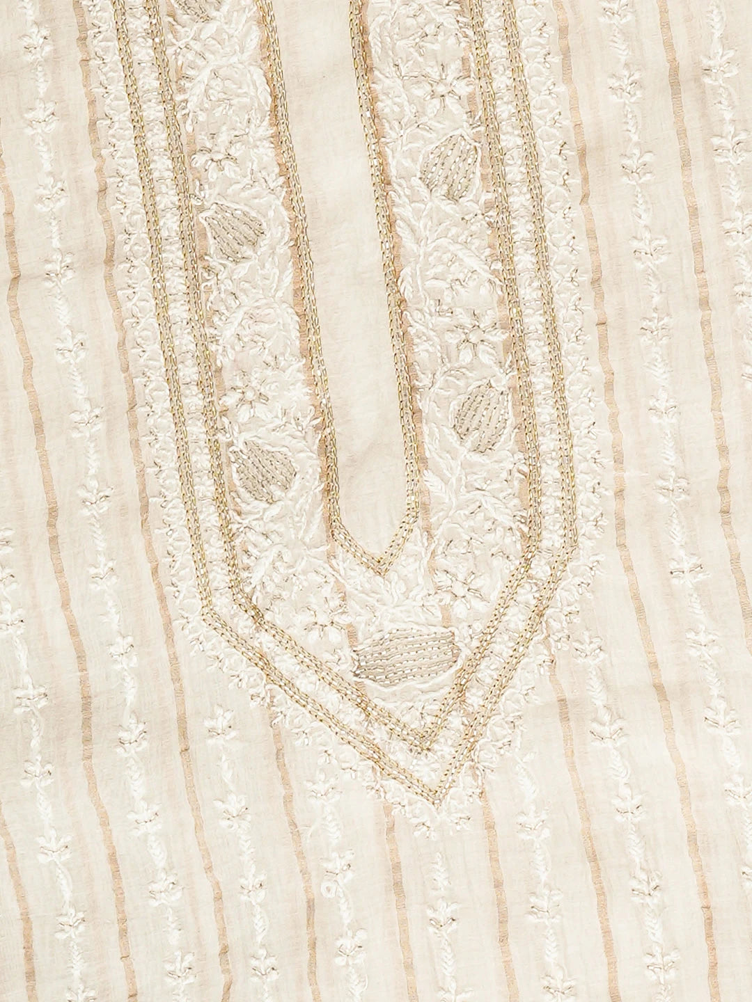 Ada Hand Embroidered White Chanderi Lucknowi Chikankari Unstitched Man's Kurta With Cutdana Work 01A937098
