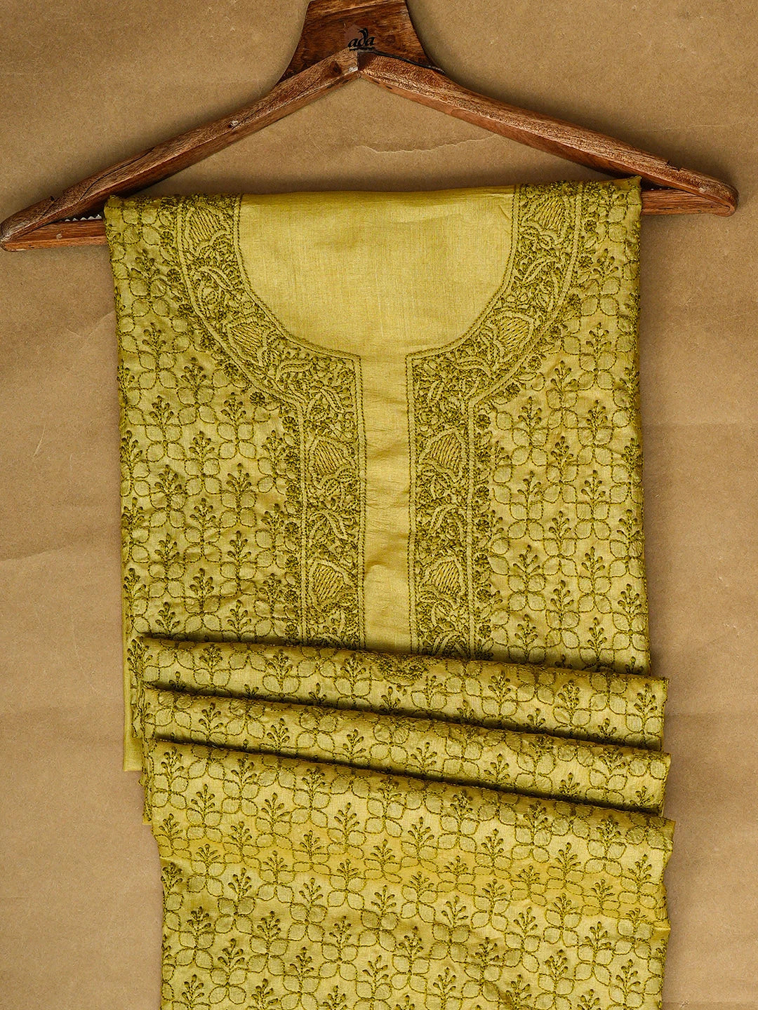 Ada Hand Embroidered Green Silk Lucknowi Chikankari Unstitched Men's Kurta 01A941939