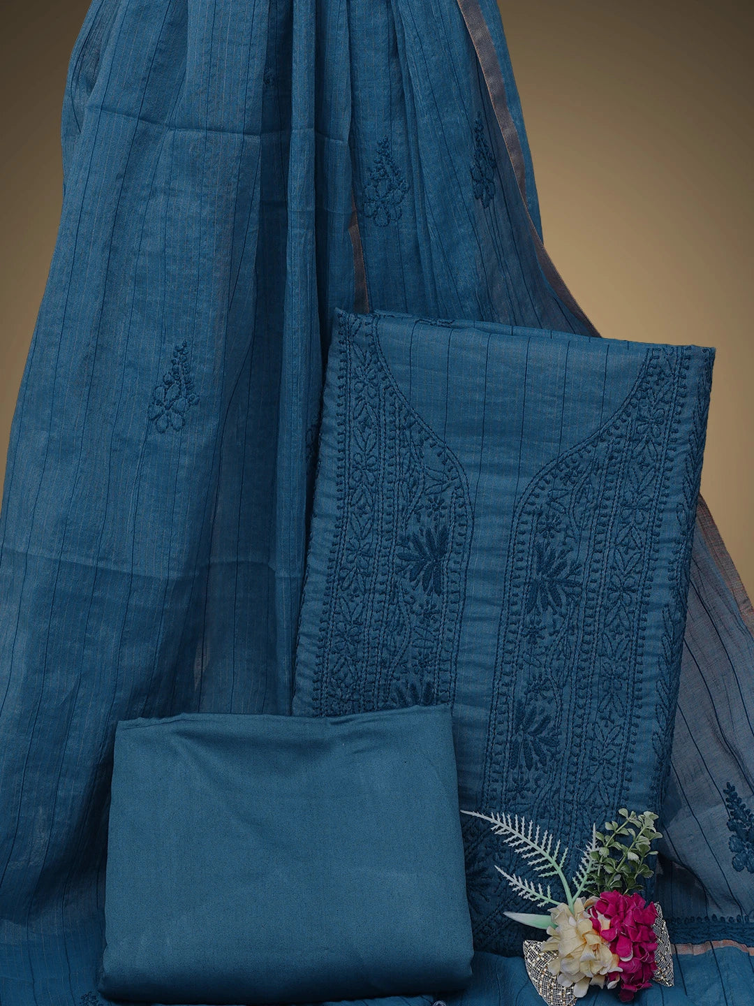 Ada Hand Embroidered Blue Chanderi Lucknowi Chikankari Unstitched Suit Piece 01A937113