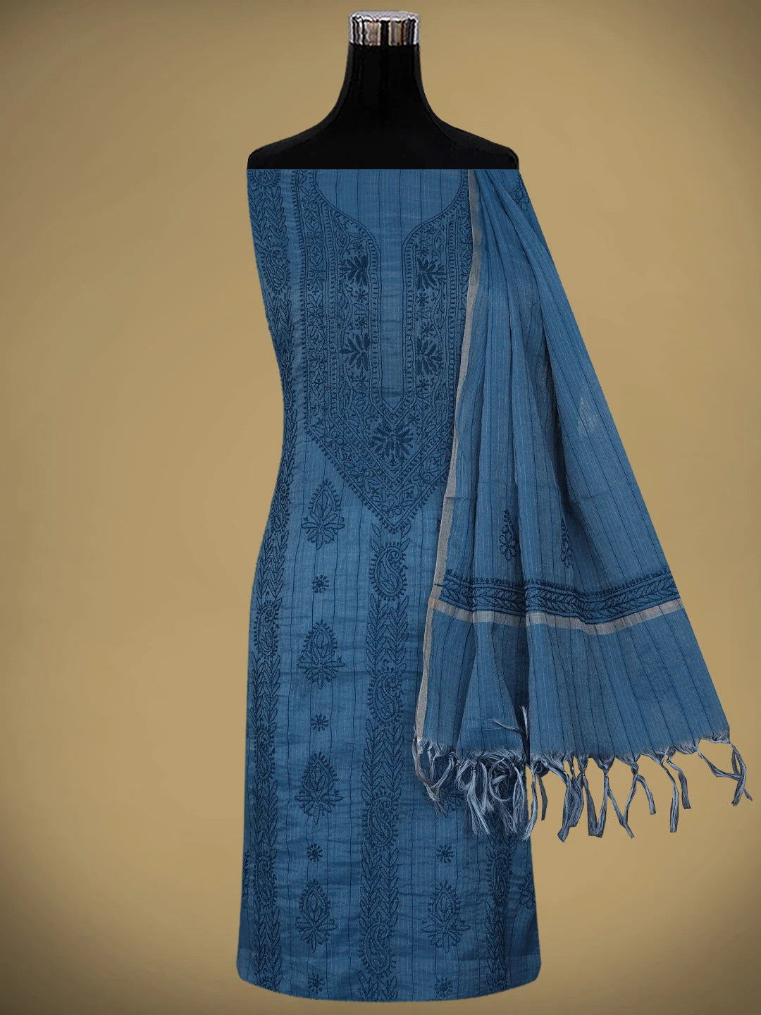 Ada Hand Embroidered Blue Chanderi Lucknowi Chikankari Unstitched Suit Piece 01A937113