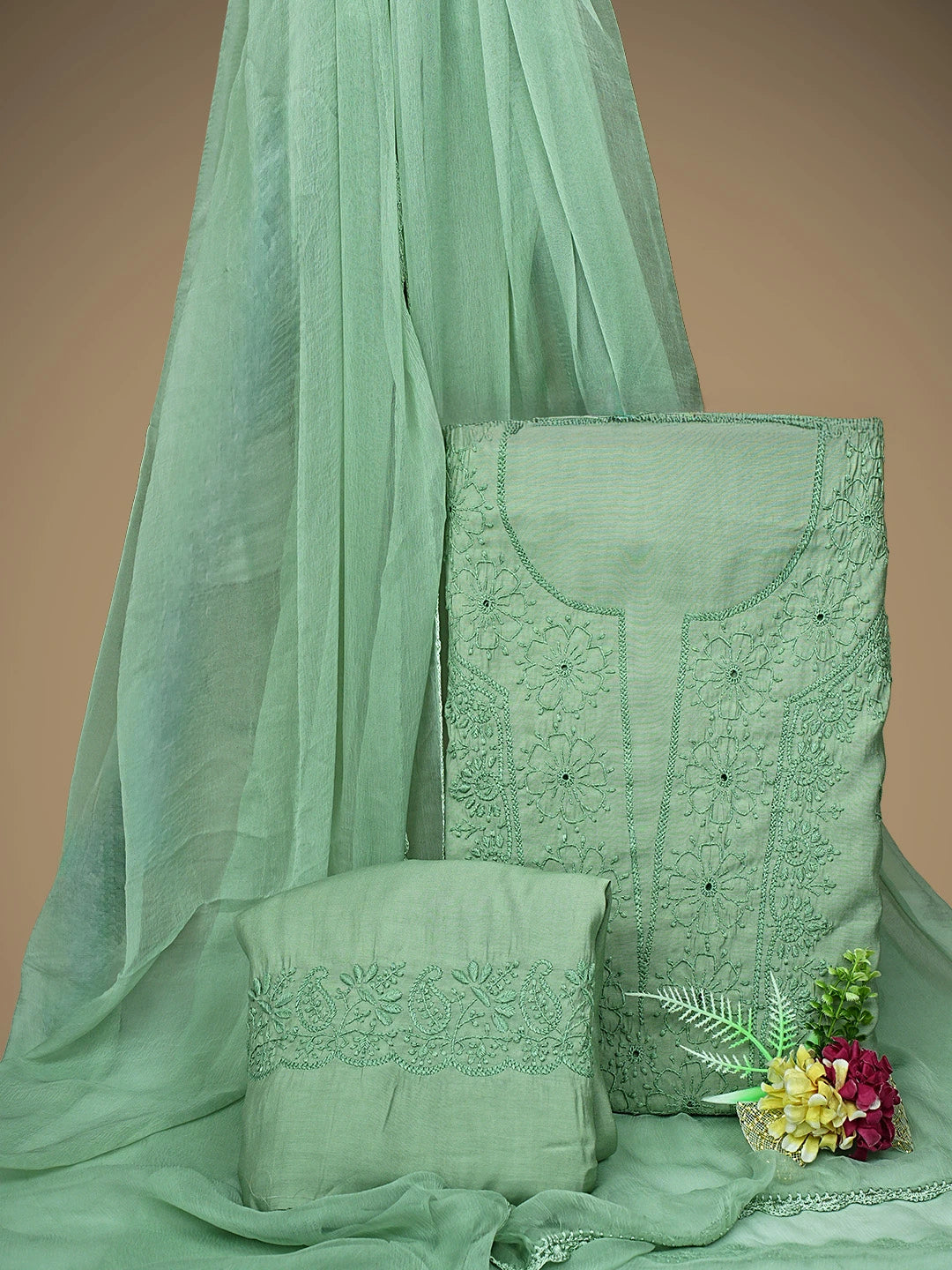 Ada Hand Embroidered Pista Green Chanderi Lucknowi Chikankari Unstitched Suit Piece 01A911541
