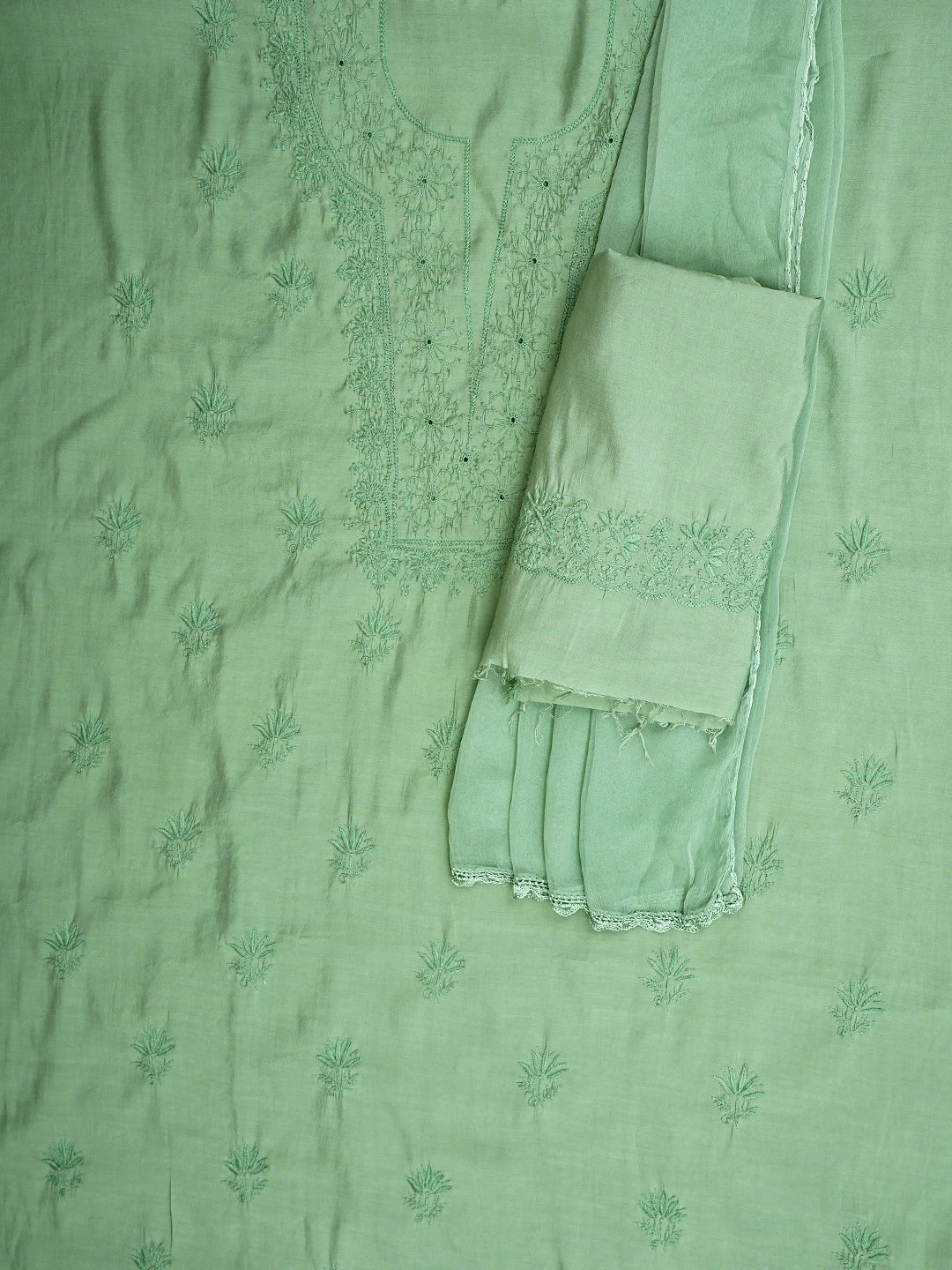 Ada Hand Embroidered Pista Green Chanderi Lucknowi Chikankari Unstitched Suit Piece 01A911541