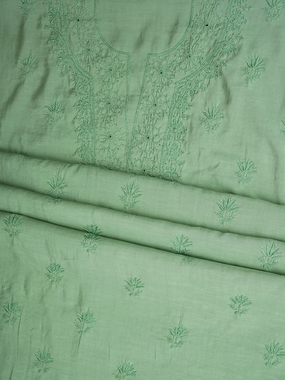 Ada Hand Embroidered Pista Green Chanderi Lucknowi Chikankari Unstitched Suit Piece 01A911541