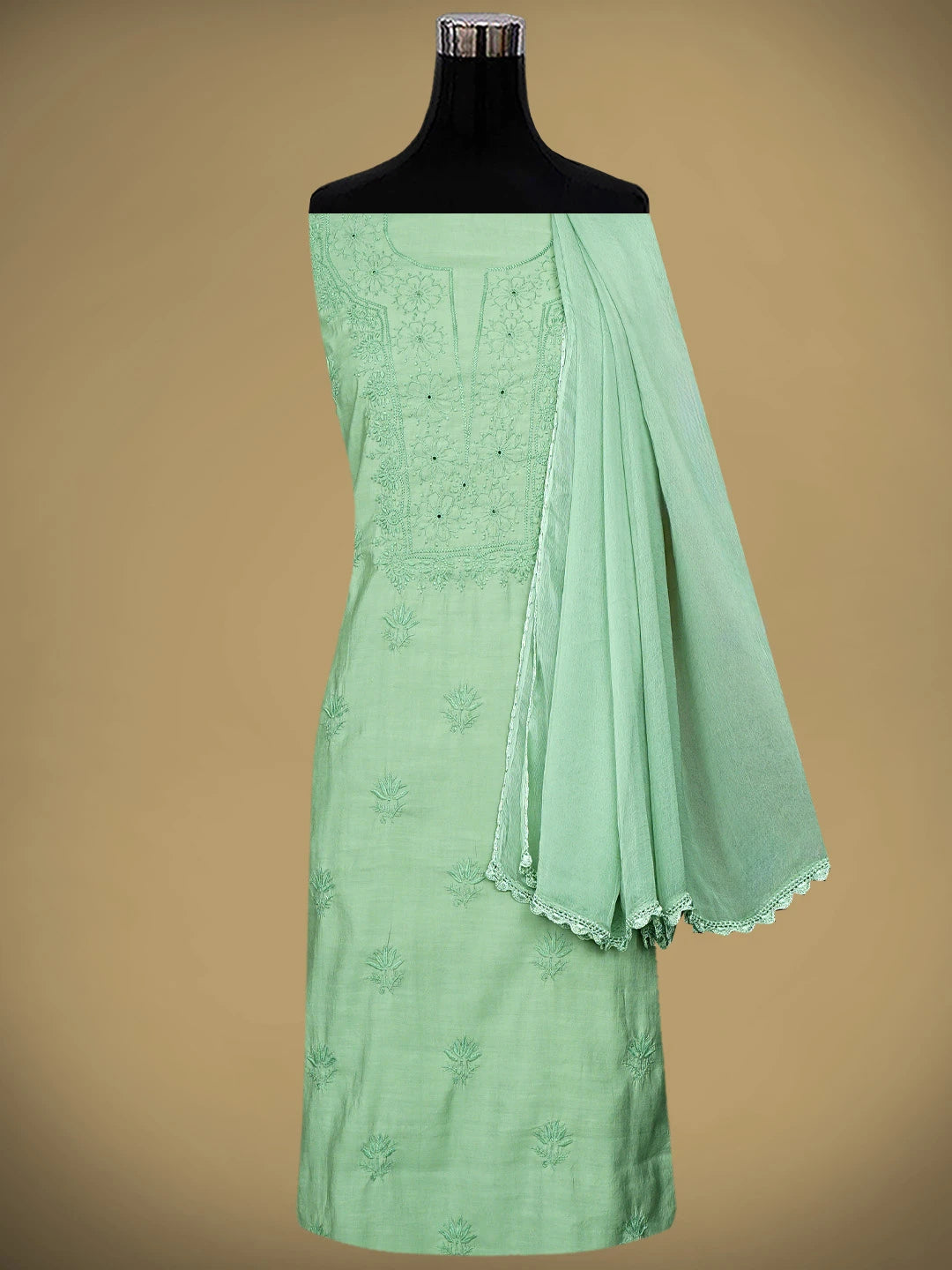Ada Hand Embroidered Pista Green Chanderi Lucknowi Chikankari Unstitched Suit Piece 01A911541