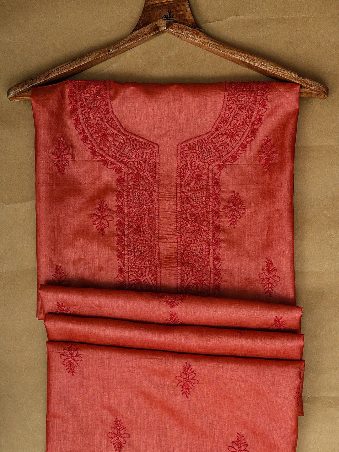 Ada Hand Embroidered Rust Silk Lucknowi Chikankari Unstitched Men's Kurta 01A941874