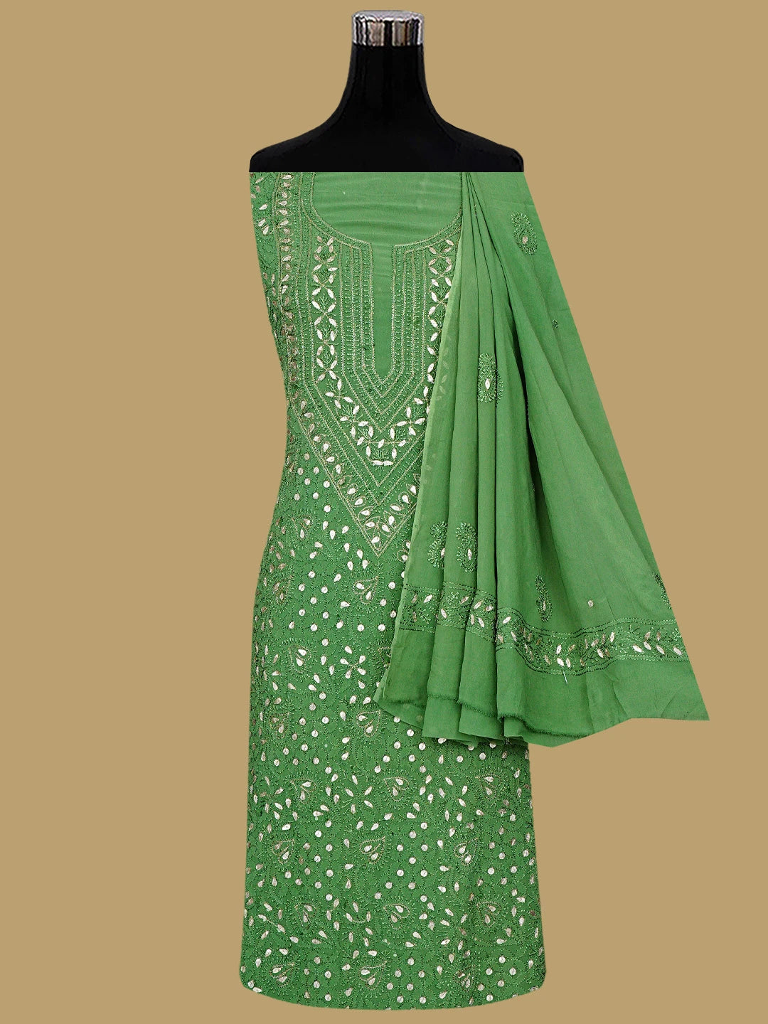 Ada Hand Embroidered Mehandi Green Viscose Georgette Lucknowi Chikankari Unstitched Kurta Dupatta Set With Gota Patti Work 01A933426