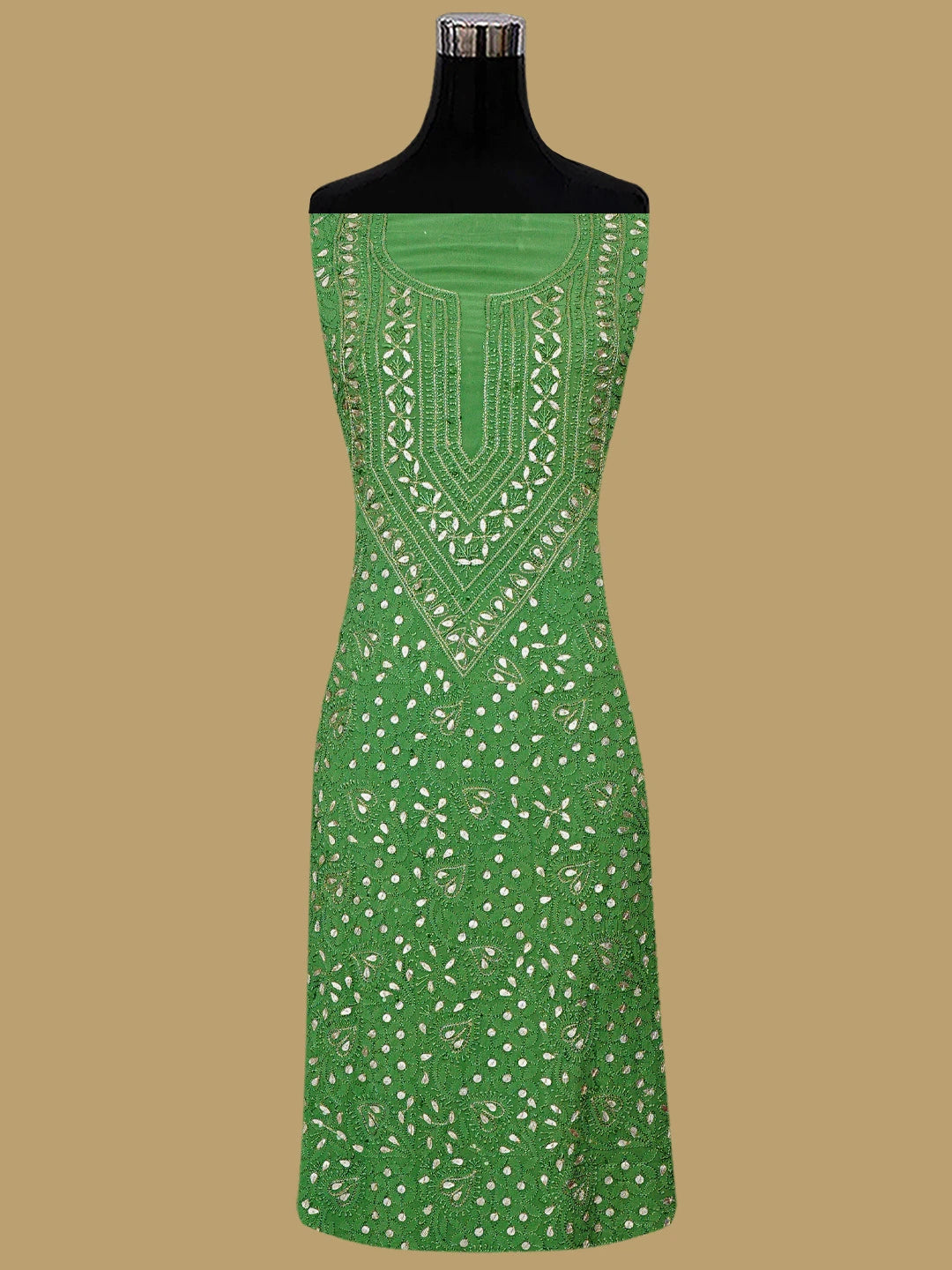 Ada Hand Embroidered Mehandi Green Viscose Georgette Lucknowi Chikankari Unstitched Kurta Dupatta Set With Gota Patti Work 01A933426