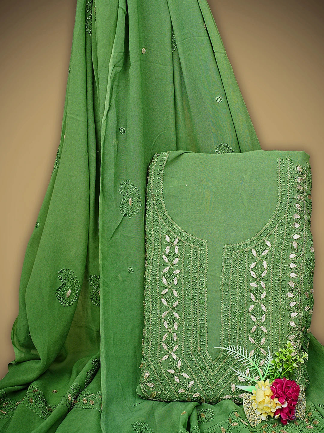 Ada Hand Embroidered Mehandi Green Viscose Georgette Lucknowi Chikankari Unstitched Kurta Dupatta Set With Gota Patti Work 01A933426