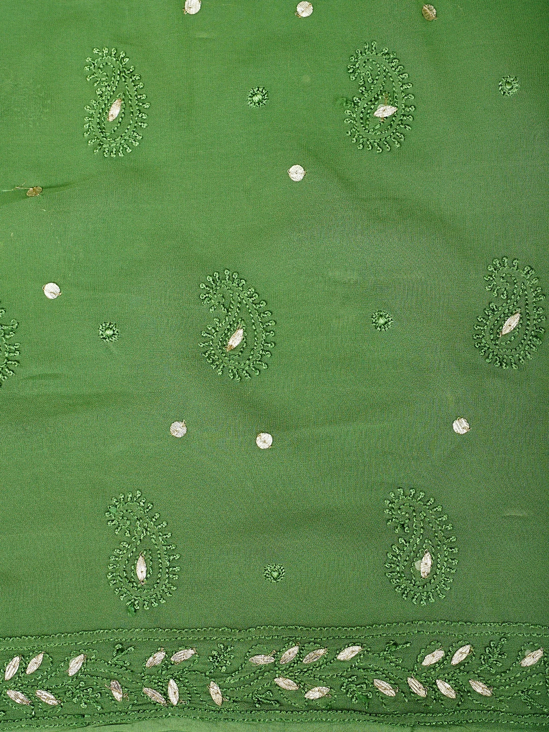 Ada Hand Embroidered Mehandi Green Viscose Georgette Lucknowi Chikankari Unstitched Kurta Dupatta Set With Gota Patti Work 01A933426
