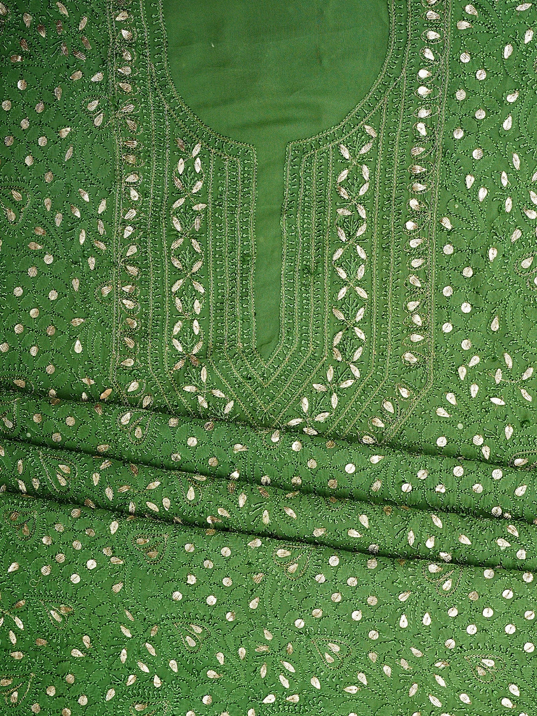 Ada Hand Embroidered Mehandi Green Viscose Georgette Lucknowi Chikankari Unstitched Kurta Dupatta Set With Gota Patti Work 01A933426