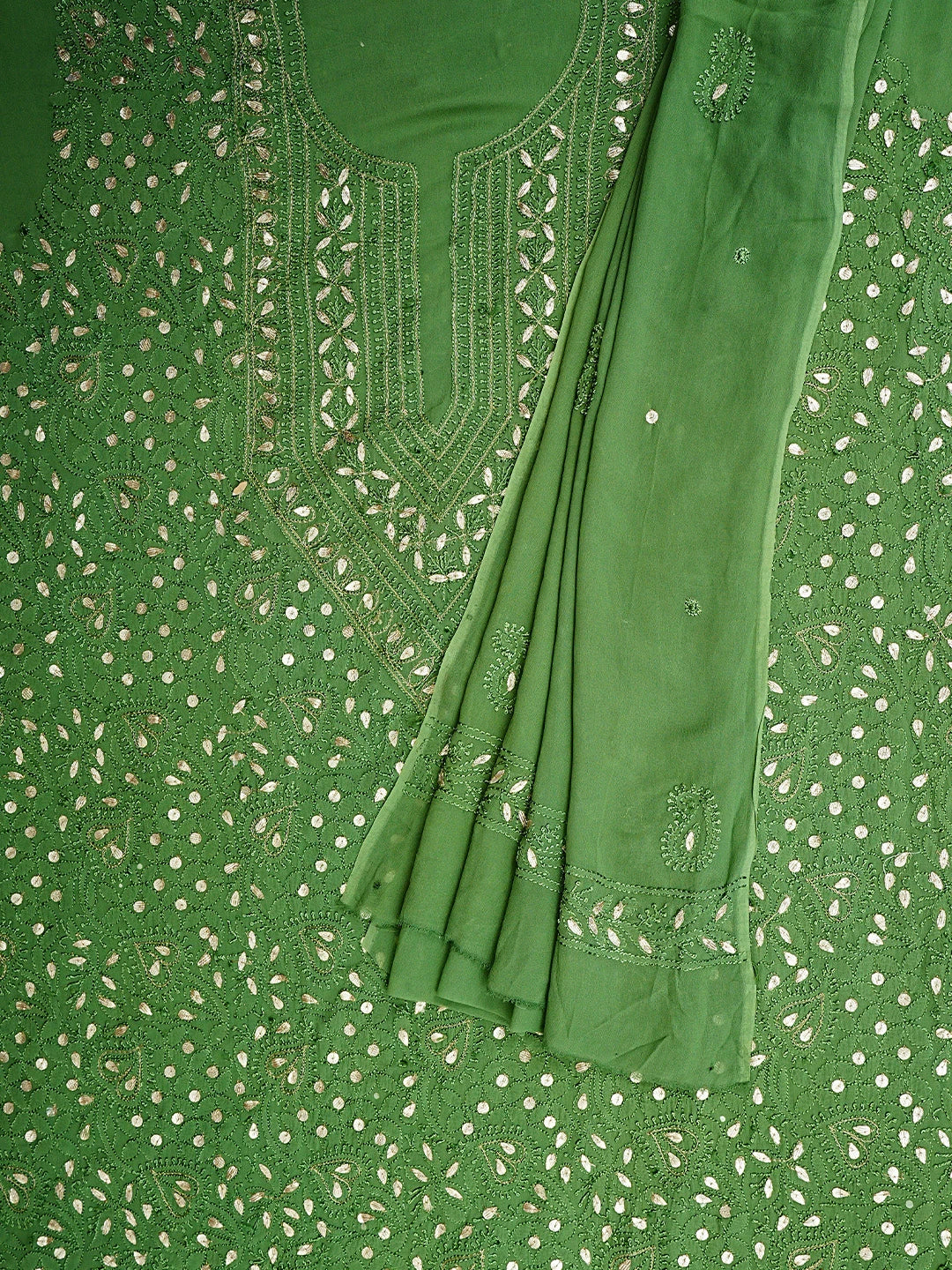 Ada Hand Embroidered Mehandi Green Viscose Georgette Lucknowi Chikankari Unstitched Kurta Dupatta Set With Gota Patti Work 01A933426
