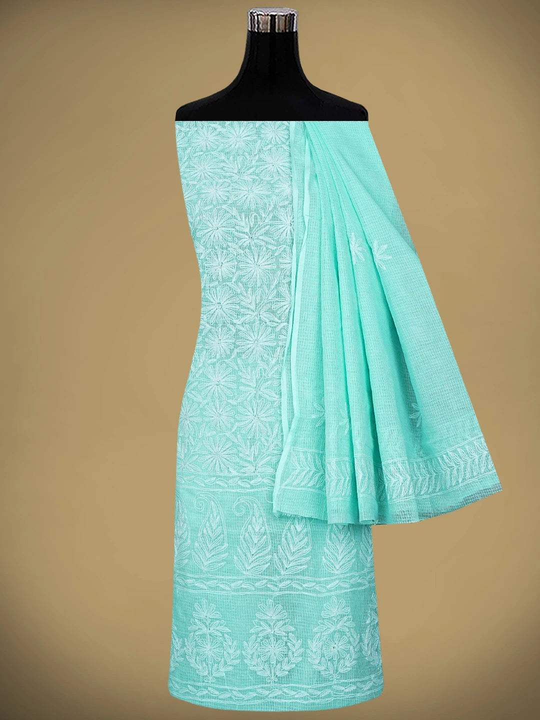 Ada Hand Embroidered Blue Kota Lucknowi Chikankari Unstitched Kurta Dupatta Set 01A923417