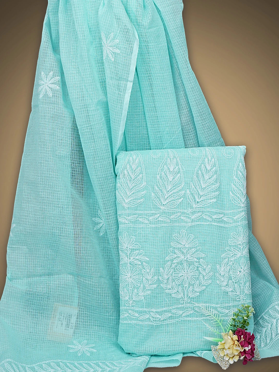 Ada Hand Embroidered Blue Kota Lucknowi Chikankari Unstitched Kurta Dupatta Set 01A923417
