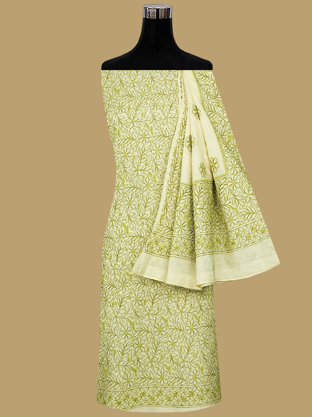 Ada Hand Embroidered Lemon Chanderi Lucknowi Chikankari Unstitched Kurta Dupatta Set 01A785724