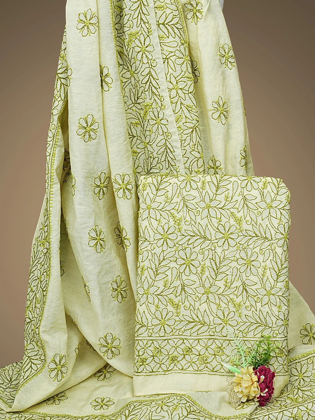 Ada Hand Embroidered Lemon Chanderi Lucknowi Chikankari Unstitched Kurta Dupatta Set 01A785724