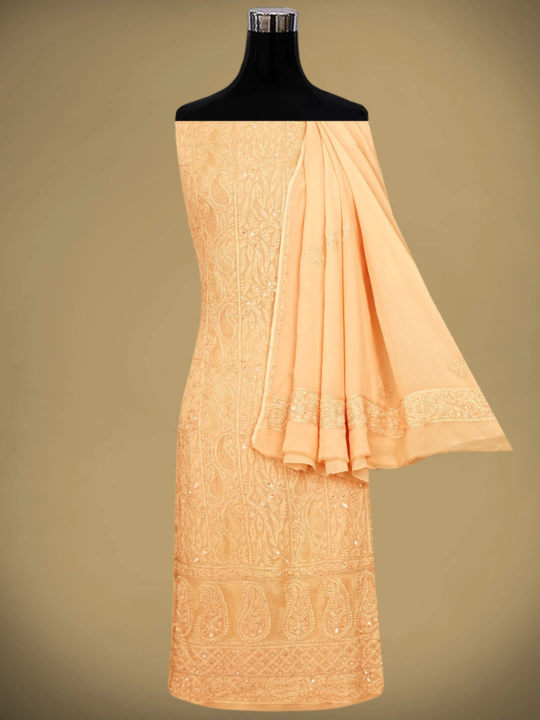 Ada Hand Embroidered Peach Viscose Georgette Lucknowi Chikankari Unstitched Kurta Dupatta Set With Sequinned Work 01A784983