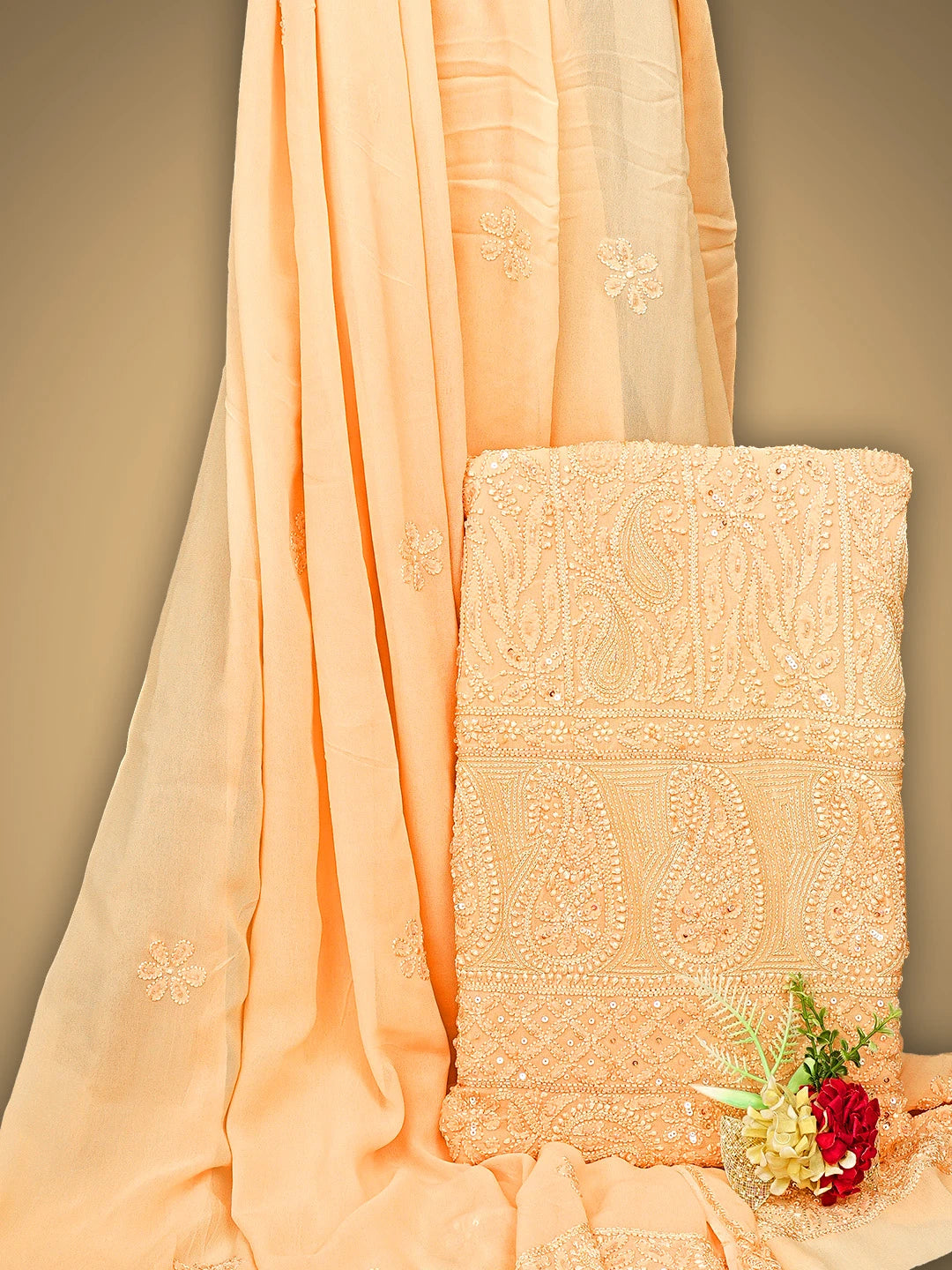 Ada Hand Embroidered Peach Viscose Georgette Lucknowi Chikankari Unstitched Kurta Dupatta Set With Sequinned Work 01A784983