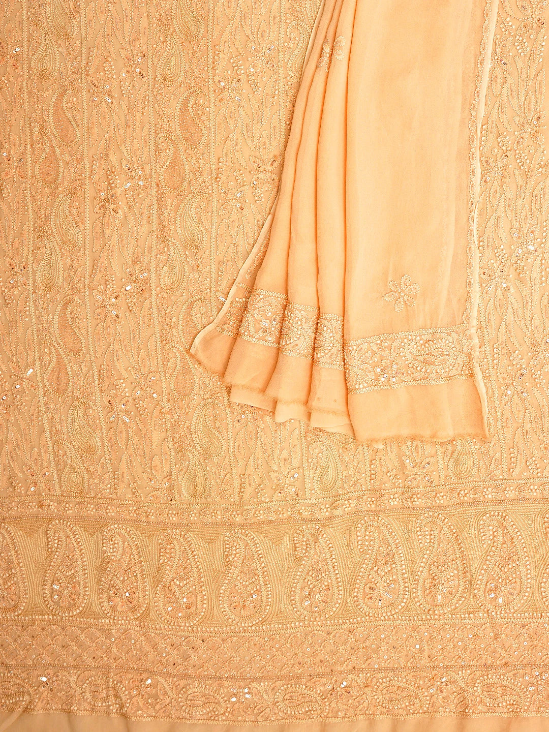 Ada Hand Embroidered Peach Viscose Georgette Lucknowi Chikankari Unstitched Kurta Dupatta Set With Sequinned Work 01A784983