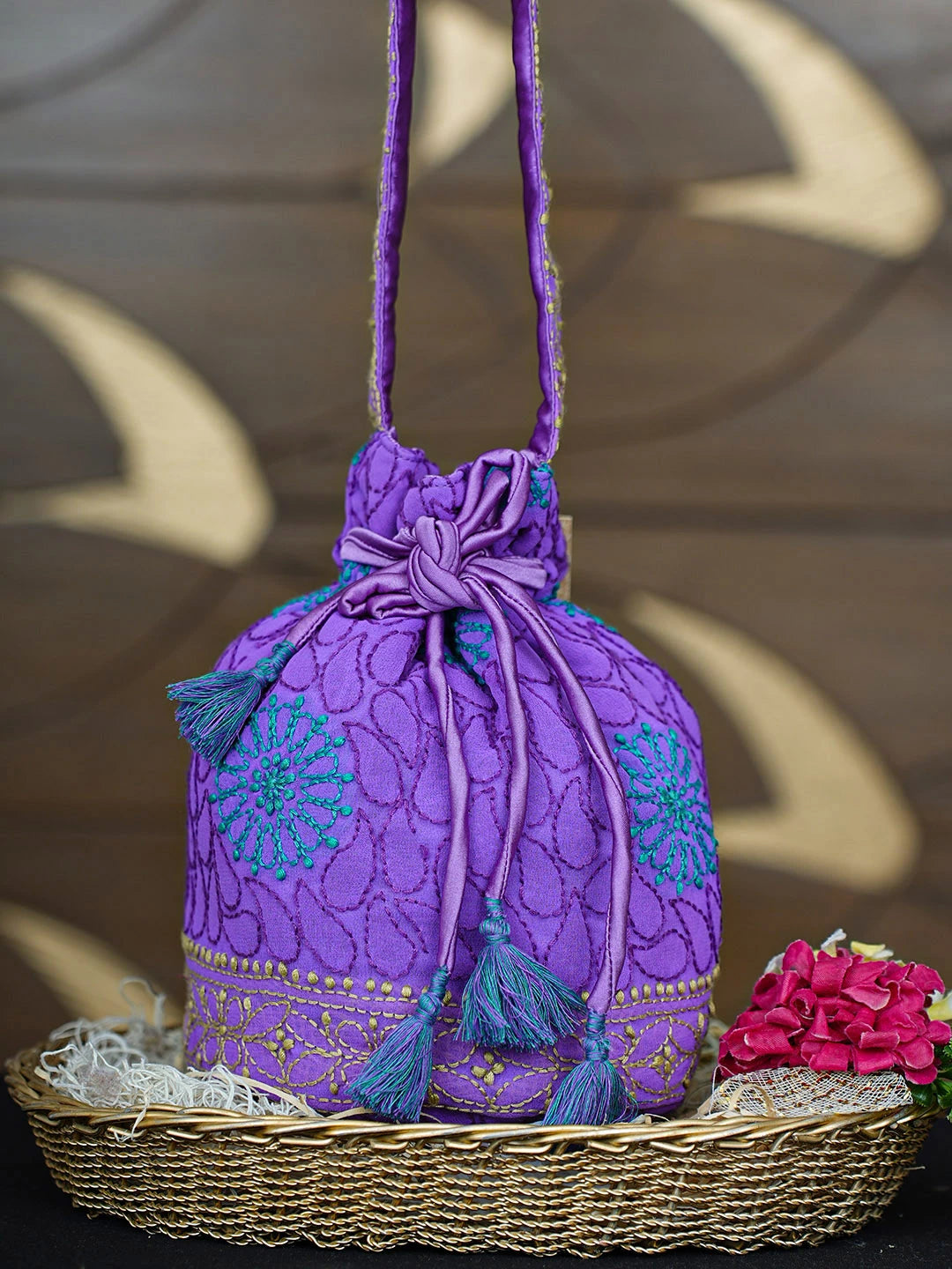 Ada Hand Embroidered Purple Gerogette Lucknowi Chikankari Potli Bag 01A937131