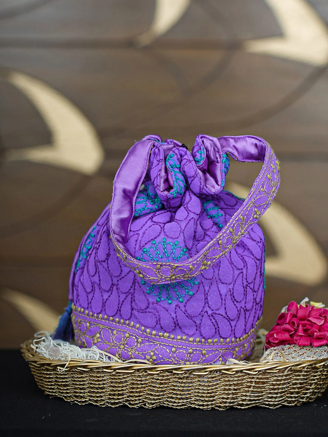 Ada Hand Embroidered Purple Gerogette Lucknowi Chikankari Potli Bag 01A937131