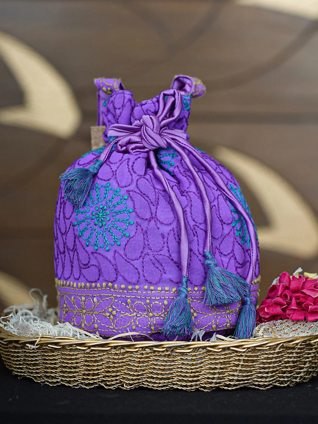 Ada Hand Embroidered Purple Gerogette Lucknowi Chikankari Potli Bag 01A937131