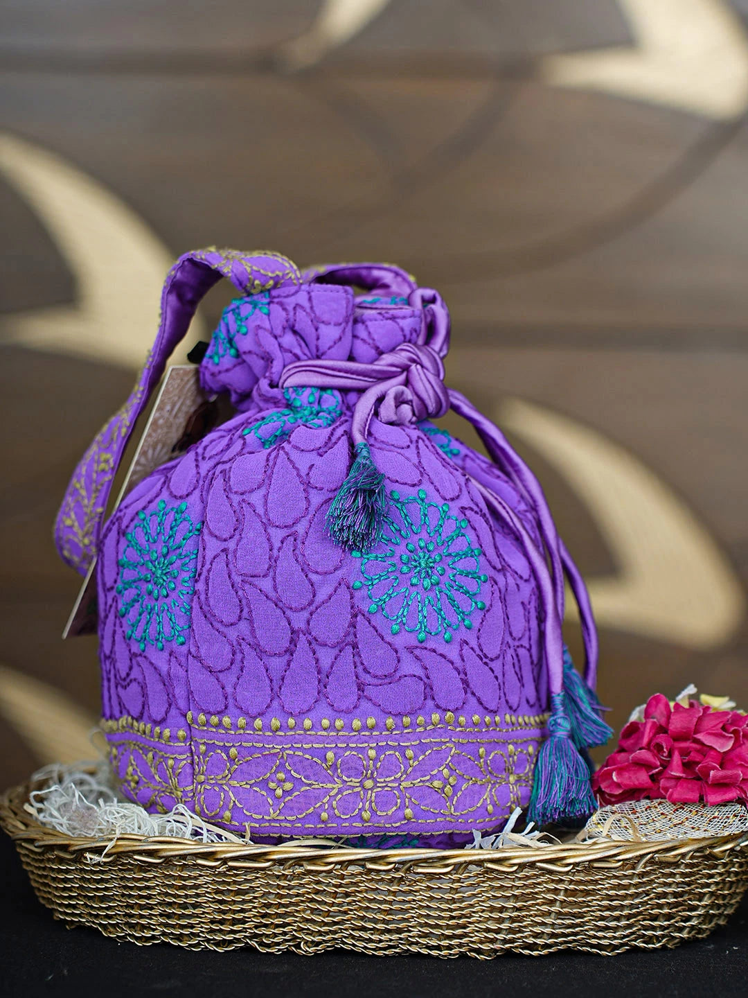 Ada Hand Embroidered Purple Gerogette Lucknowi Chikankari Potli Bag 01A937131