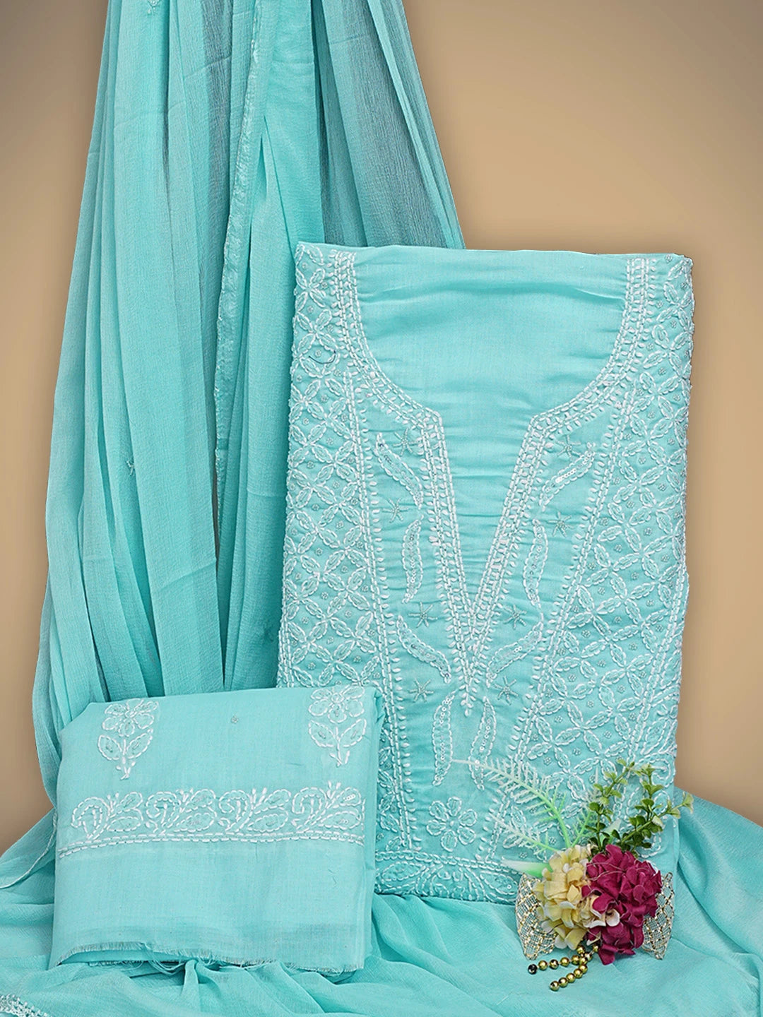 Ada Hand Embroidered Sky Blue Cotton Lucknowi Chikankari Unstitched Suit Piece With Cutdana Work 01A751963