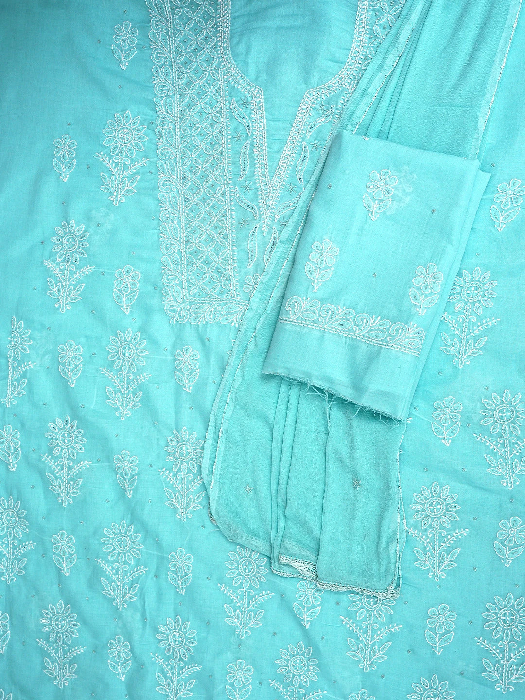 Ada Hand Embroidered Sky Blue Cotton Lucknowi Chikankari Unstitched Suit Piece With Cutdana Work 01A751963