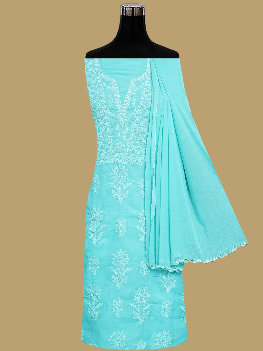Ada Hand Embroidered Sky Blue Cotton Lucknowi Chikankari Unstitched Suit Piece With Cutdana Work 01A751963