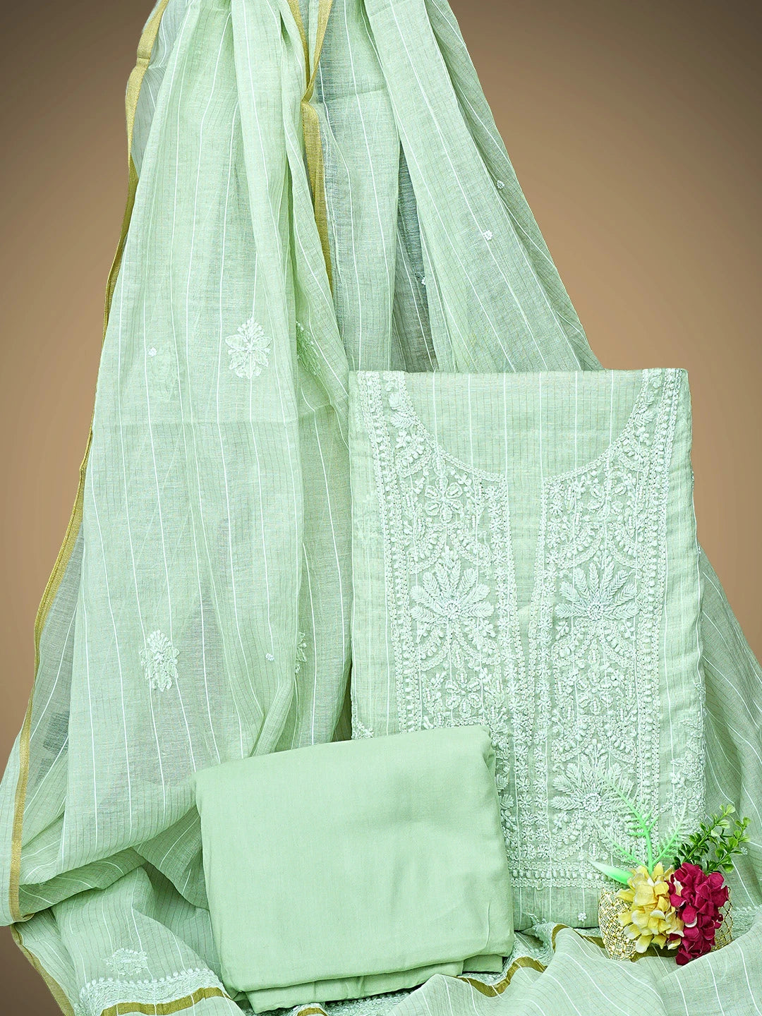 Ada Hand Embroidered Pista Green Chanderi Lucknowi Chikankari Unstitched Suit Piece With Pearl Work 01A938016