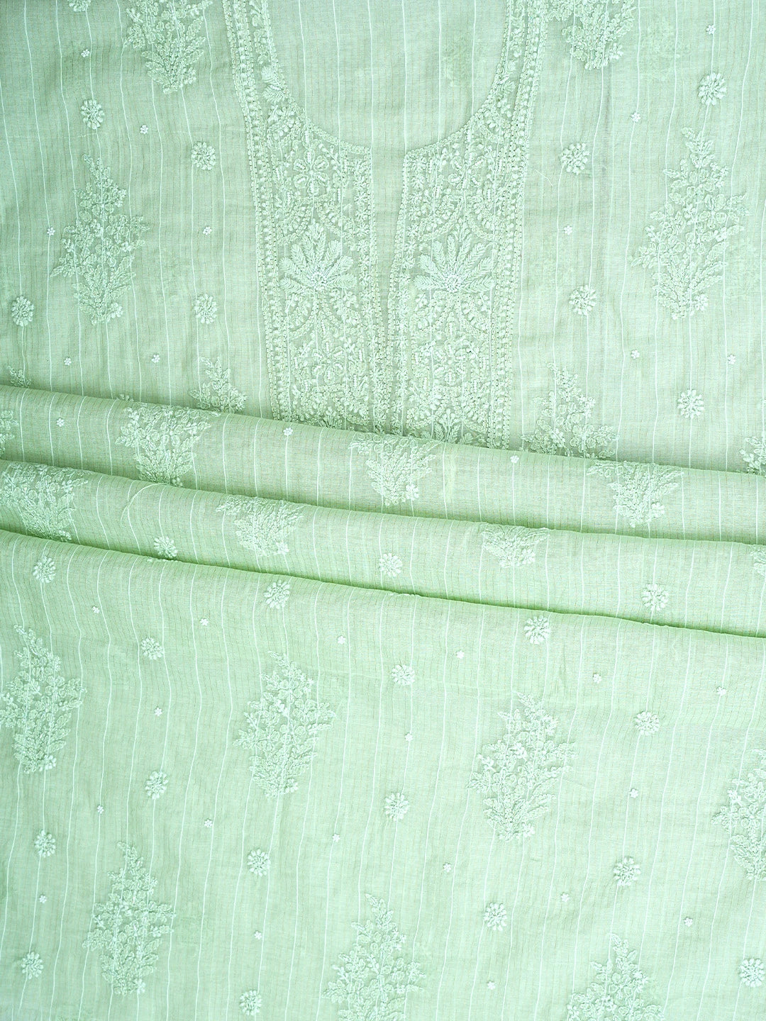 Ada Hand Embroidered Pista Green Chanderi Lucknowi Chikankari Unstitched Suit Piece With Pearl Work 01A938016