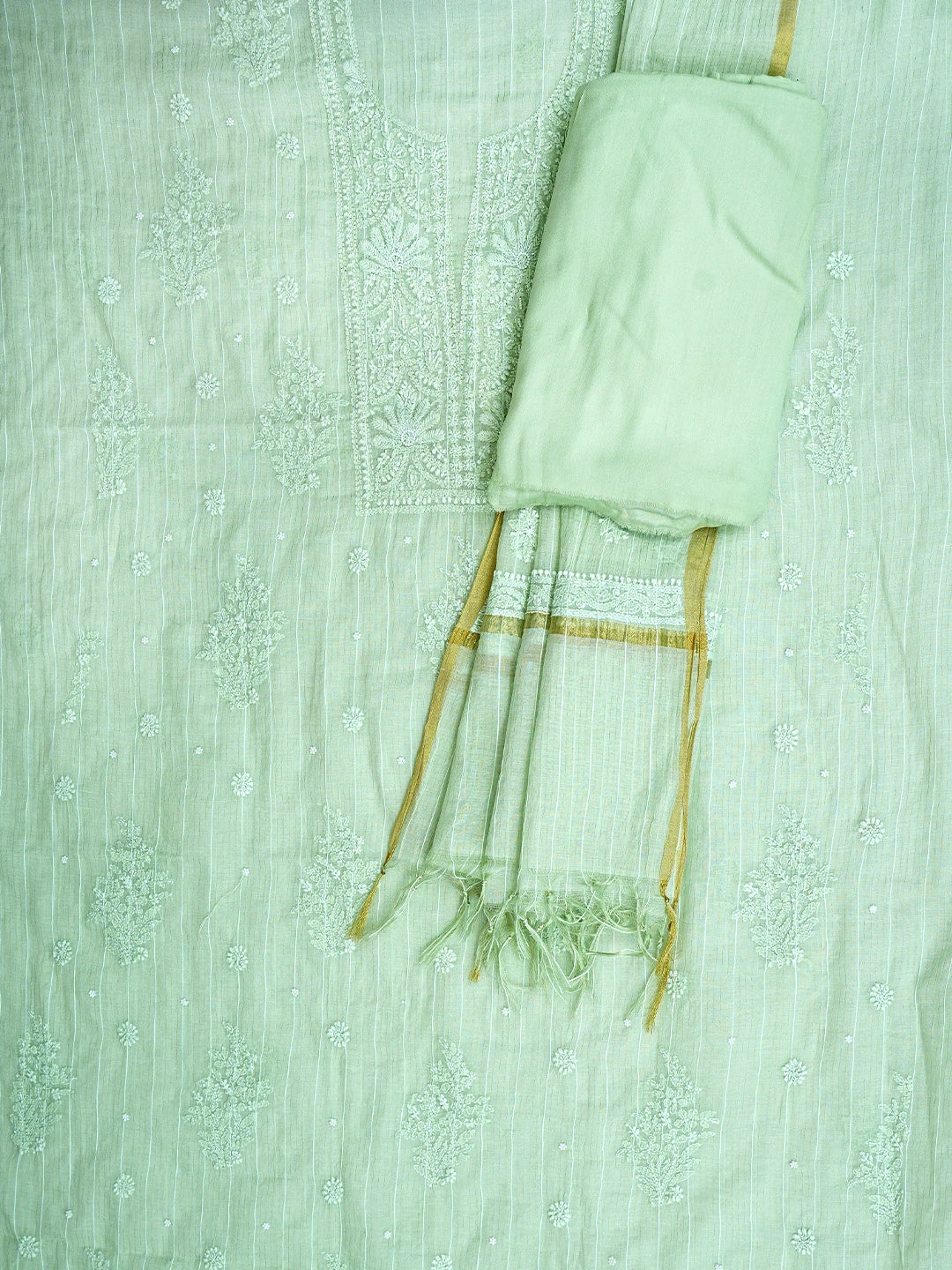 Ada Hand Embroidered Pista Green Chanderi Lucknowi Chikankari Unstitched Suit Piece With Pearl Work 01A938016