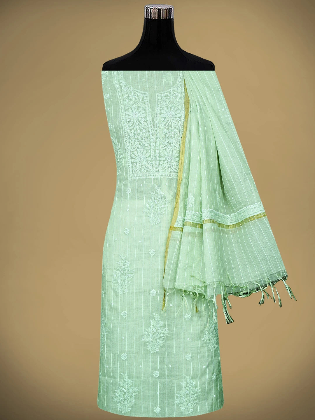 Ada Hand Embroidered Pista Green Chanderi Lucknowi Chikankari Unstitched Suit Piece With Pearl Work 01A938016