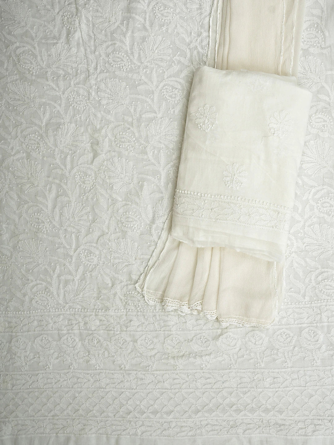 Ada Hand Embroidered White Cotton Lucknowi Chikankari Unstitched Suit Piece 01A650791