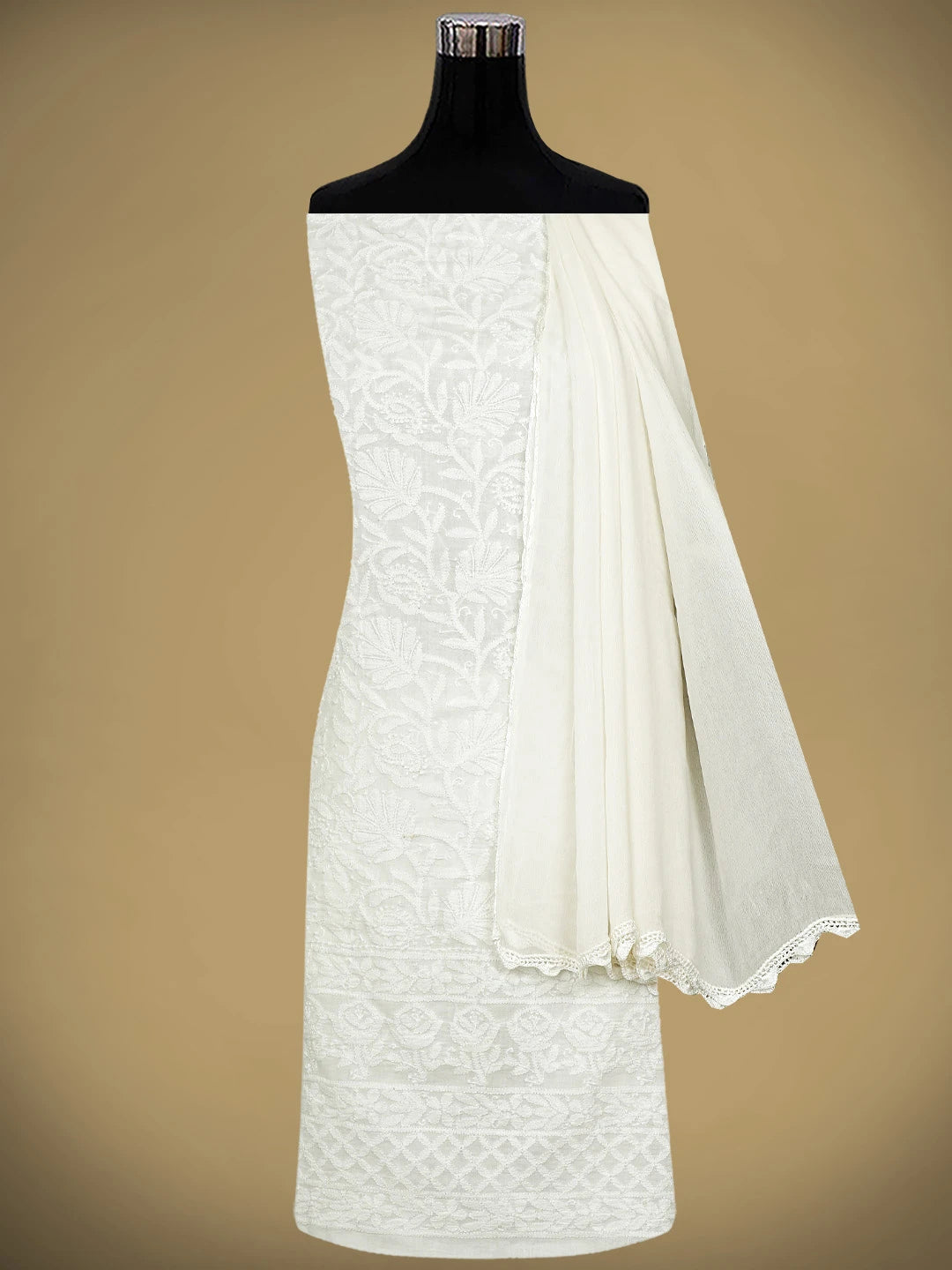 Ada Hand Embroidered White Cotton Lucknowi Chikankari Unstitched Suit Piece 01A650791