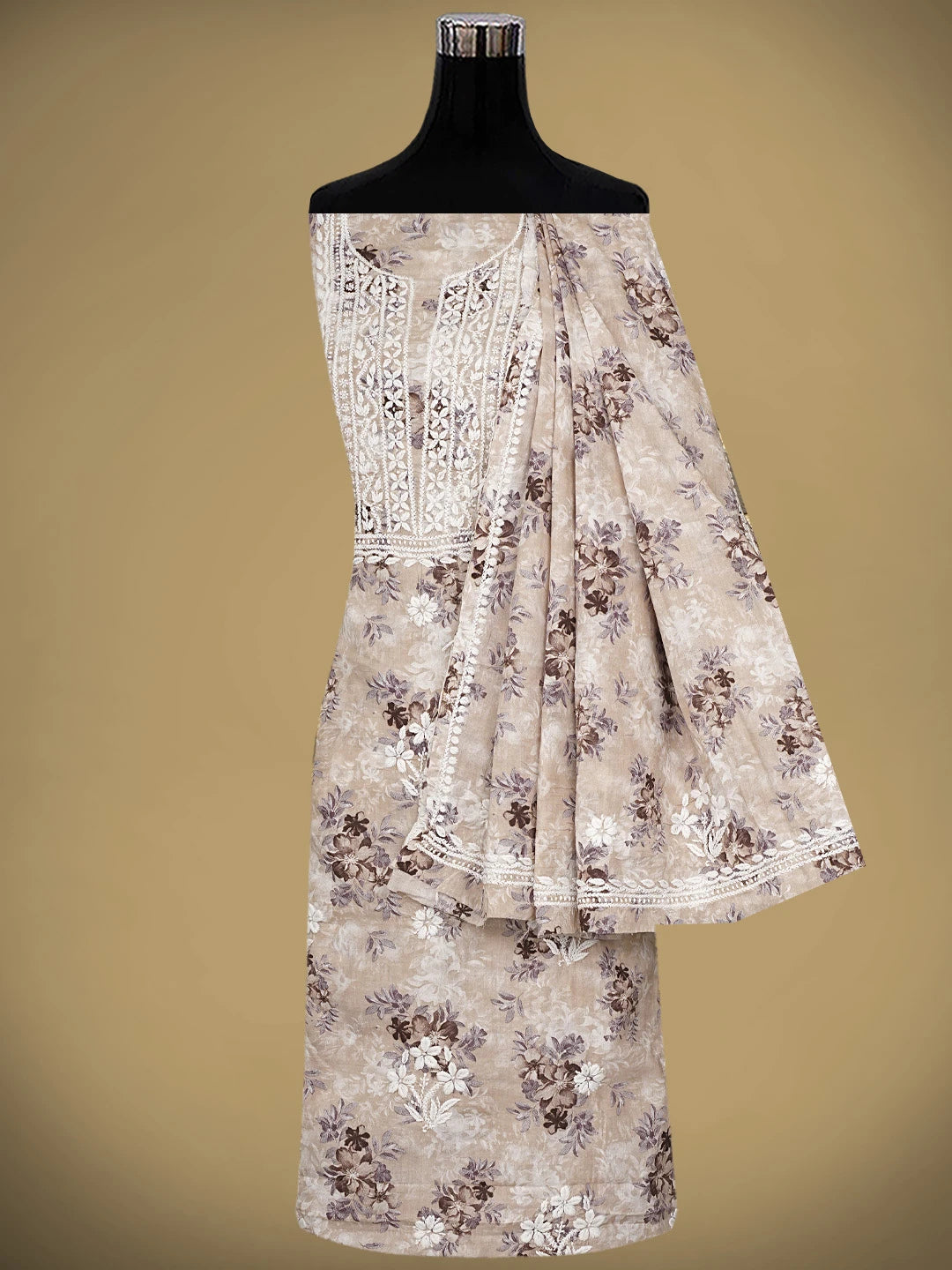 Ada Hand Embroidered Floral Printed Dusty Peach Cotton Lucknowi Chikankari Unstitched Kurta Dupatta Set 01A898191