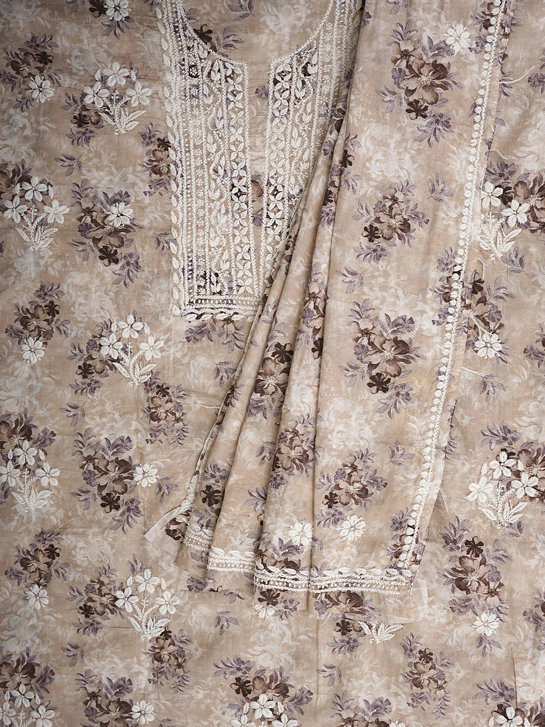 Ada Hand Embroidered Floral Printed Dusty Peach Cotton Lucknowi Chikankari Unstitched Kurta Dupatta Set 01A898191