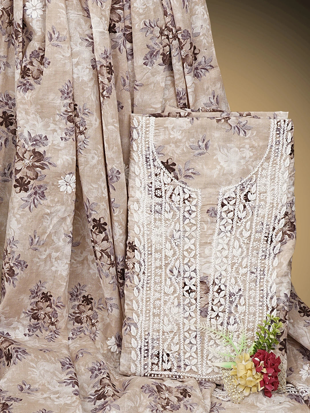 Ada Hand Embroidered Floral Printed Dusty Peach Cotton Lucknowi Chikankari Unstitched Kurta Dupatta Set 01A898191