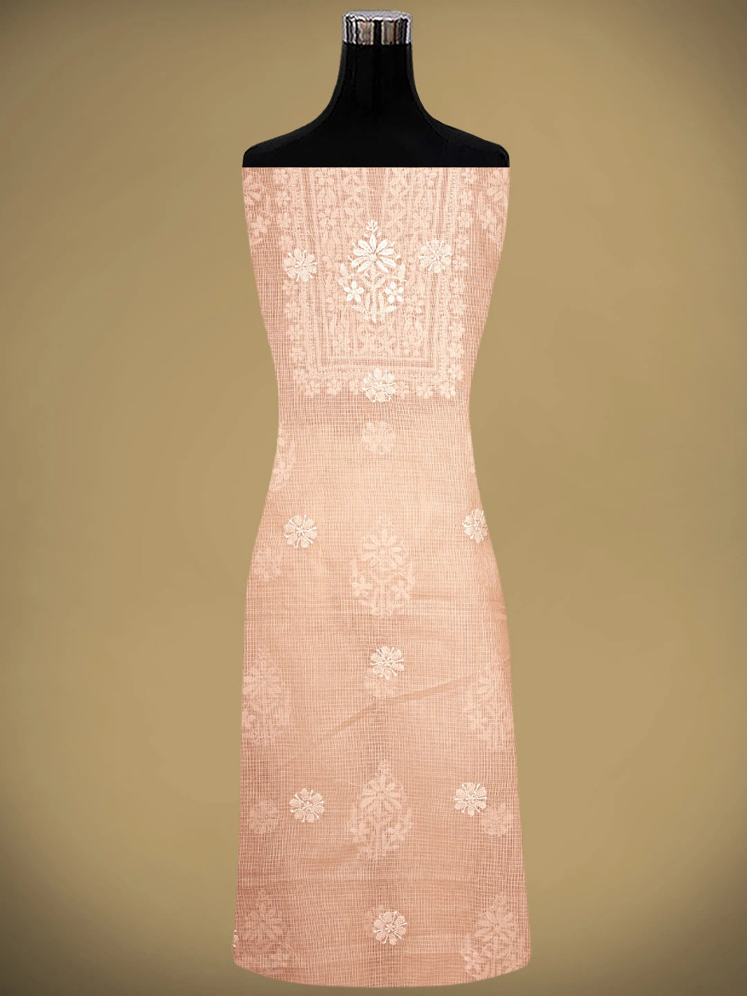 Ada Hand Embroidered Peach Kota Lucknowi Chikankari Unstitched Kurta Dupatta Set 01A892908
