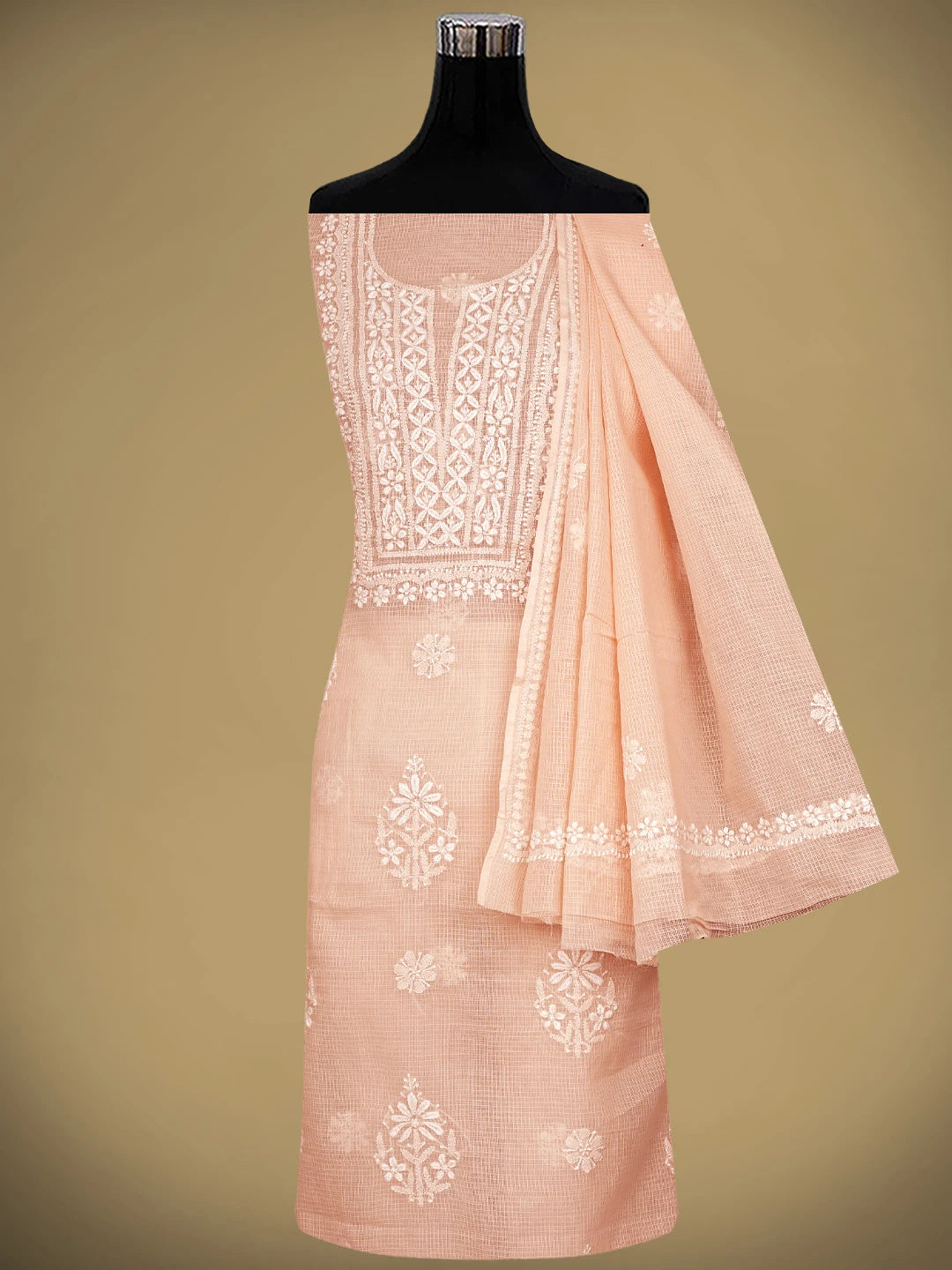 Ada Hand Embroidered Peach Kota Lucknowi Chikankari Unstitched Kurta Dupatta Set 01A892908