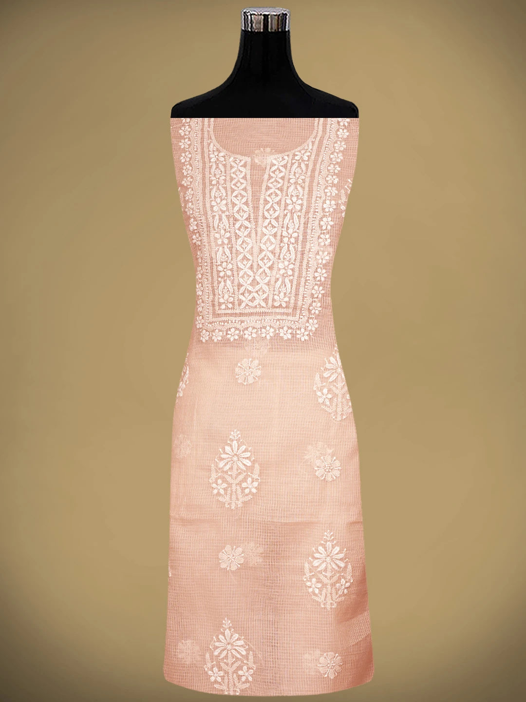 Ada Hand Embroidered Peach Kota Lucknowi Chikankari Unstitched Kurta Dupatta Set 01A892908