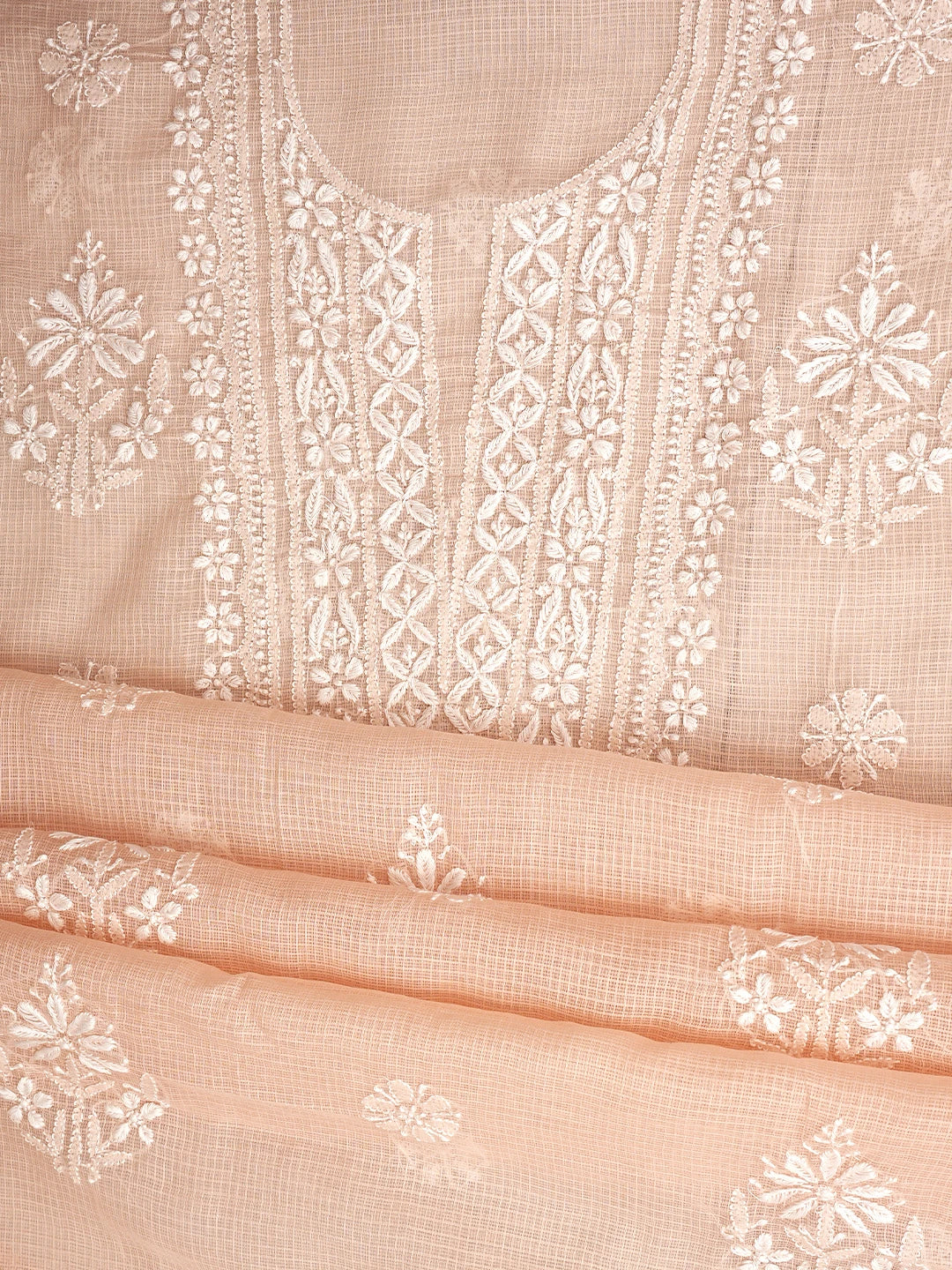Ada Hand Embroidered Peach Kota Lucknowi Chikankari Unstitched Kurta Dupatta Set 01A892908