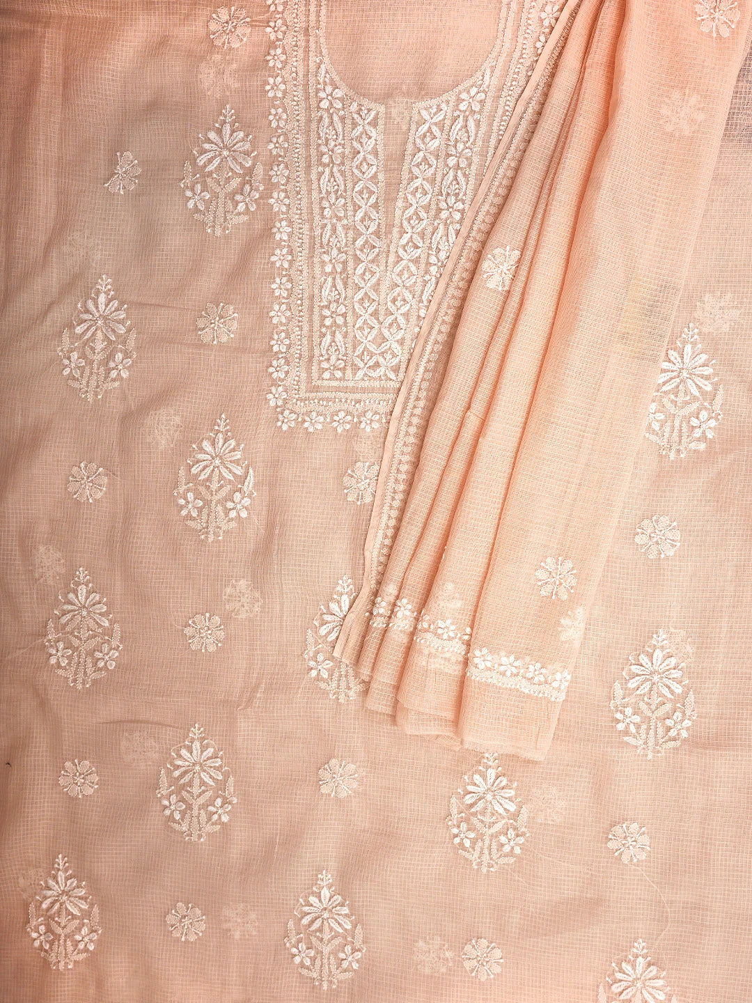 Ada Hand Embroidered Peach Kota Lucknowi Chikankari Unstitched Kurta Dupatta Set 01A892908